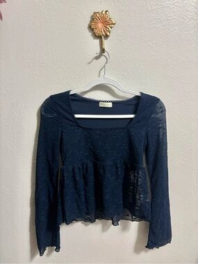 Navy Lace Peplum Long-Sleeve Top